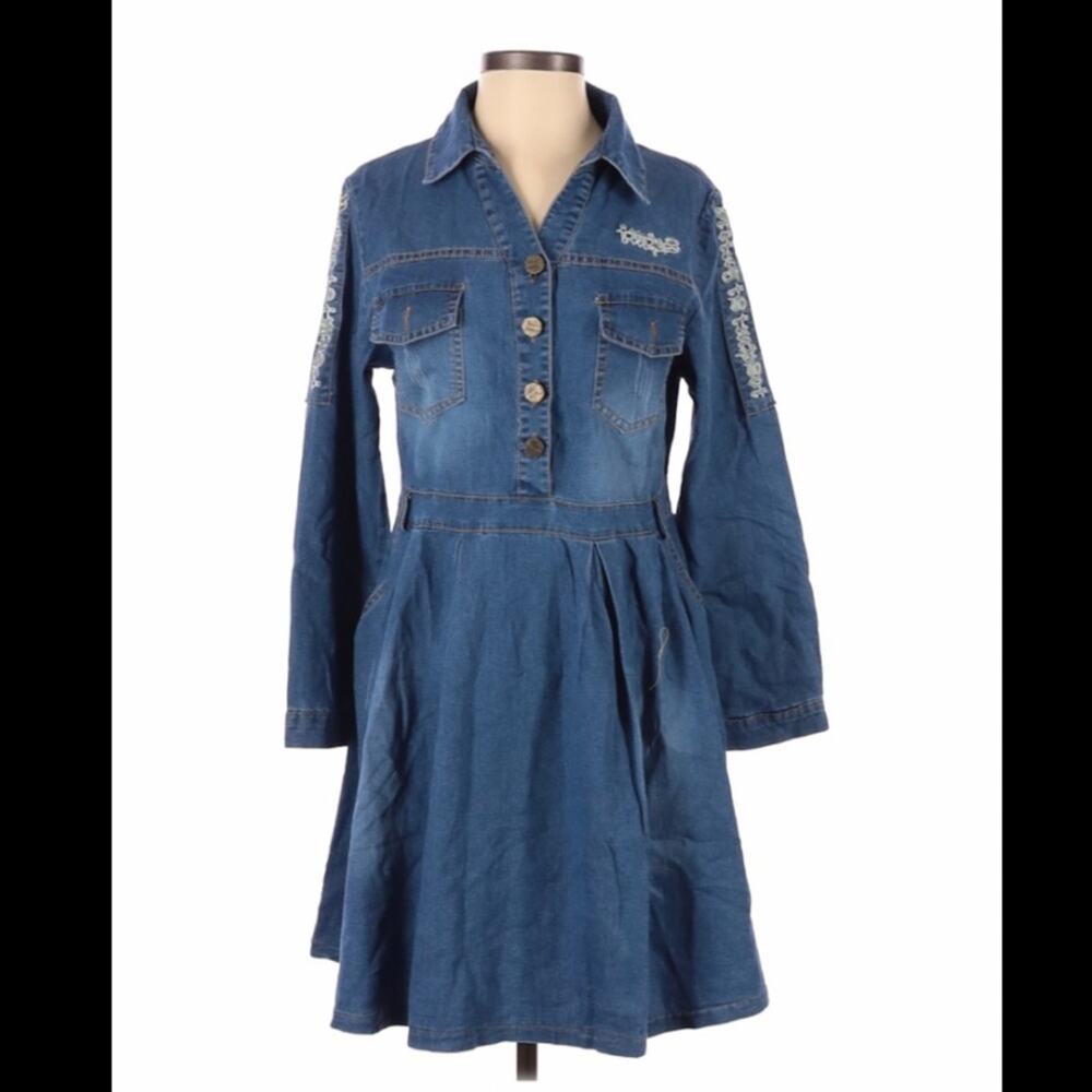 Hou Hou Denim Fit And Flare Button Down Shirt Dress, 5